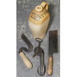 COOMBES & SONS OF WADEBRIDGE, CORNWALL CYDER JAR, MEAT CLEAVER, WHISK & POTATO CHOPPER