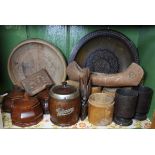 WOODEN BOWLS, TOBACCO JAR, CARVED BIRD ETC