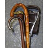 WALKING STICK WITH SILVER FERRULE, 3 OTHERS & A SHOOTING STICK