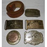 5 USA CAST METAL BELT BUCKLES & LEATHER BELT