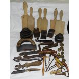 BOX OF WEIGHTS, VINTAGE KITCHENALIA ETC