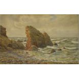 CHARLES H.BRANSCOMBE 1909 WATERCOLOUR WHALE ROCK,BUDE, CORNWALL 17'X11'