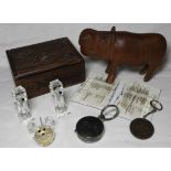 BOX OF COLLECTABLES & WOODEN HIPPO