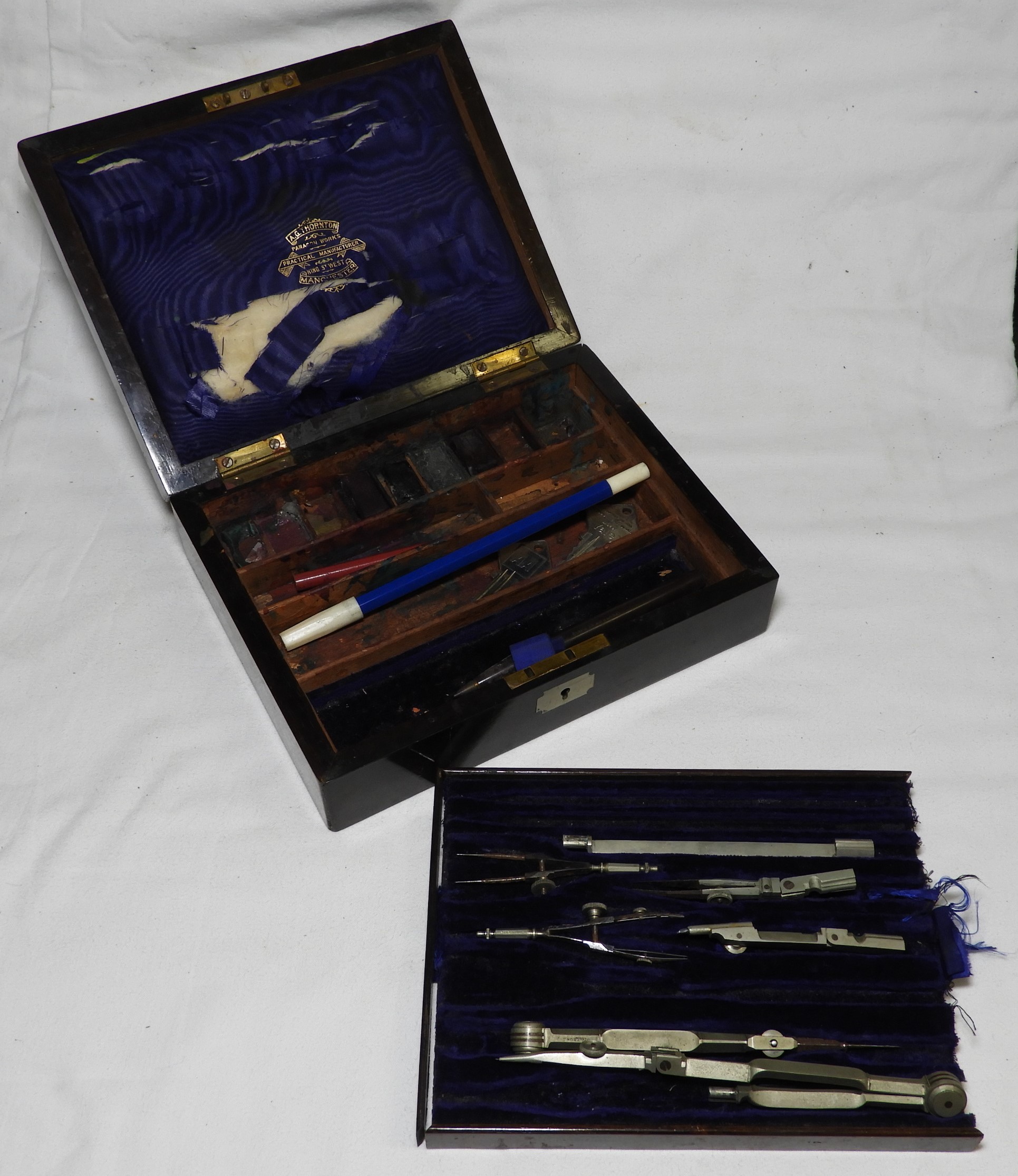 CASED DRAUGHTSMANS SET WITH PAINT TRAY A.G THORNTON