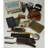 BOX OF OLD TORCHES, ROLLS RAZOR, TINS ETC