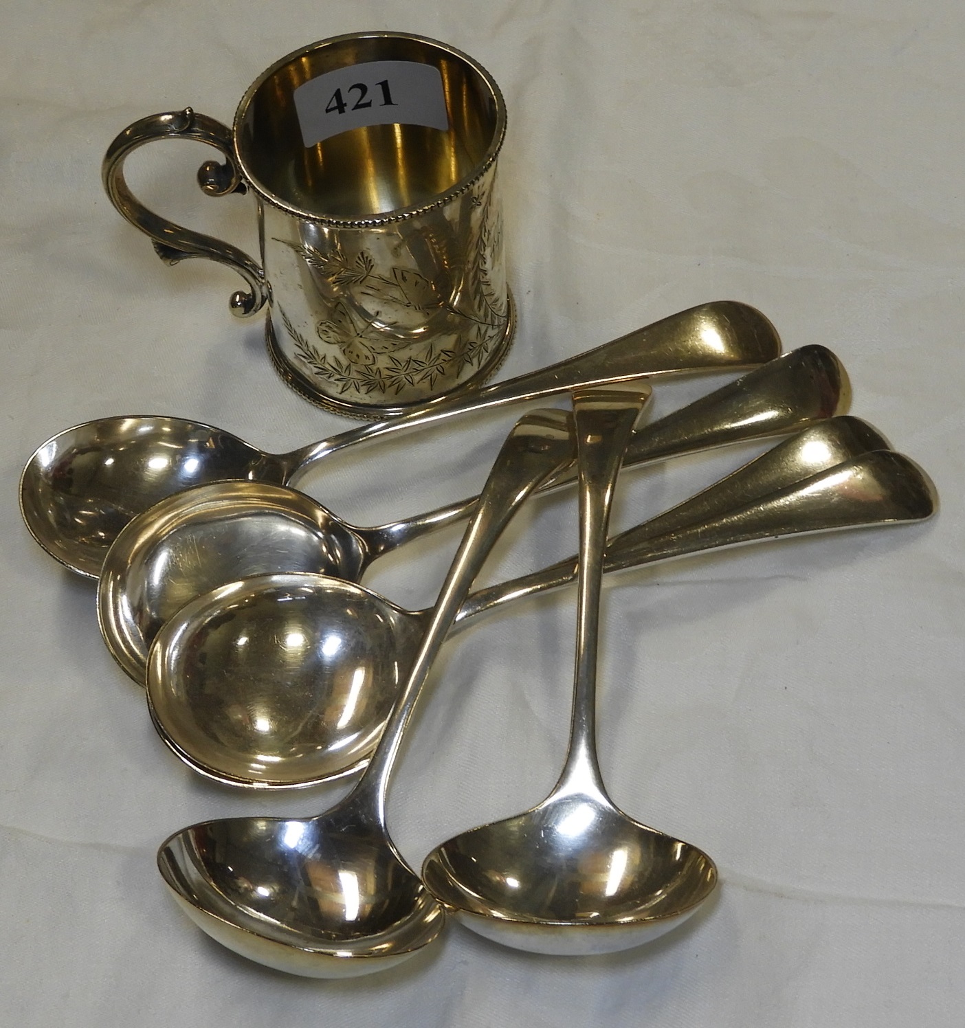 EPNS CHRISTENING MUG & 6 LADELS/SPOONS