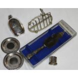 PLATED TOASTRACK,CAKESLICE, NAPKIN RING, 2 DISHES & HIP FLASK