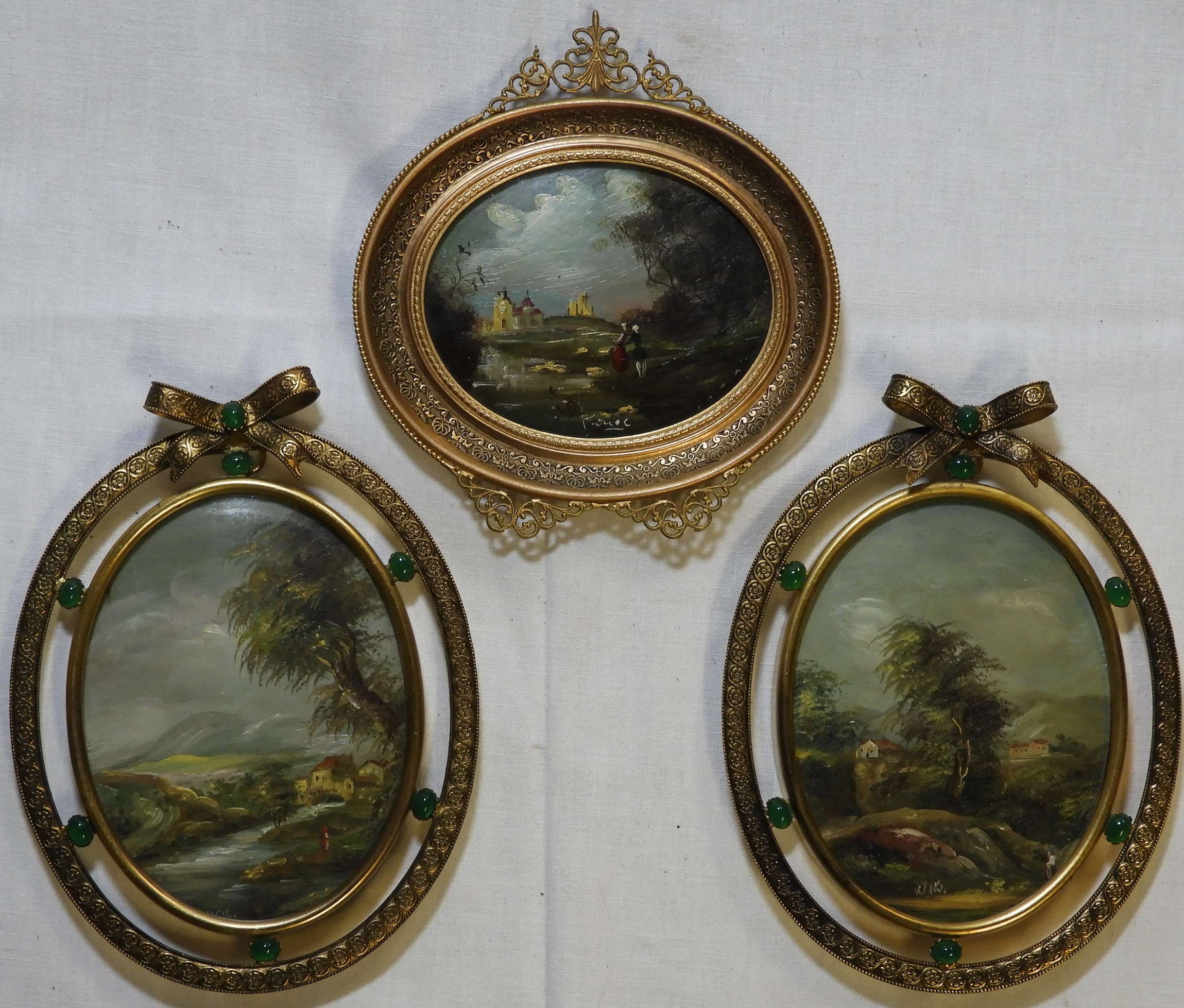 PAIR OF GILT FRAMED MINIATURE OIL LANDSCAPES SIGNED WILKIS & 1 BY PROUSE
