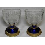 PAIR OF BLUE GUILLOCHE & GILT METAL GLASS SPILL VASES 4 1/2' TALL