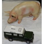 LARGE CERAMIC PIG & LANDROVER MONEY BOX