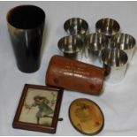 HORN BEAKER, PIGSKIN CLAD ROLL OF TRAVEL BEAKERS & 3 SMALL PICTURES