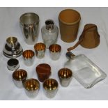 GERMAN COCKTAIL SHAKER IN LEATHER CONTAINER SET OF TOTS & HIP FLASK