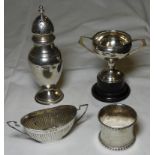 SMALL SILVER TROPHY CUP, SUGAR CASTOR & SUGAR BOWL + AN ETCHED NAPKIN RING