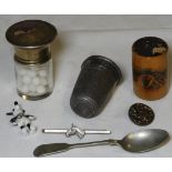 SILVER TOP SCENTS FLASK, THIMBLE TOT MEASURE, TREEN NEEDLECASE,TIE PIN ETC