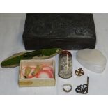 DRAGON EMBOSSED CIGARETTE BOX, NAIL BUFFER, SHELLS ETC