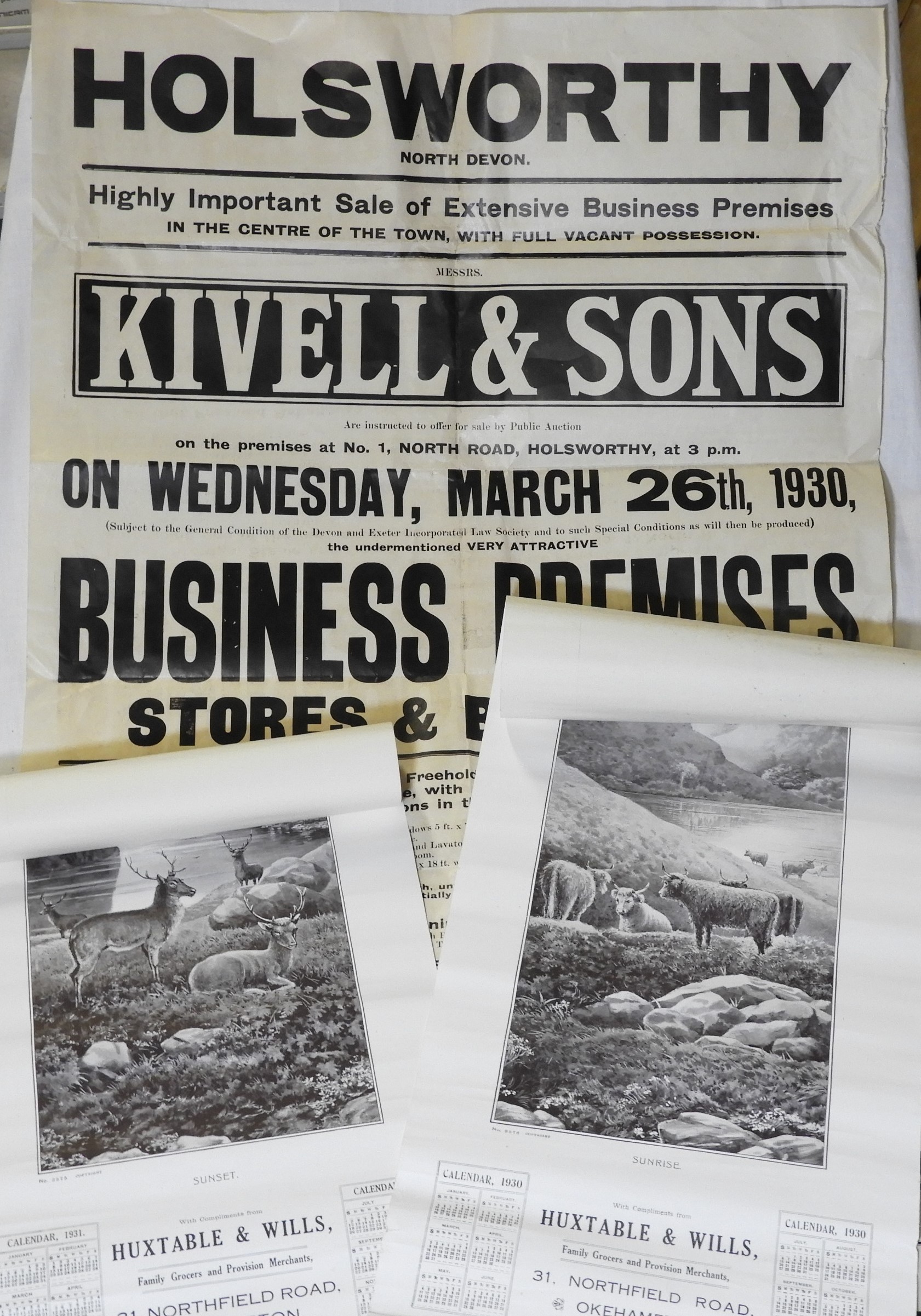 2 X 1930/31 HUXTABLE & WILLIS OKEHAMPTON DEVON CALENDERS & 1930 KIVELL & SONS HOLSWORTHY POSTER