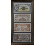 BANKNOTES FRAMED BRITISH ARMED FORCES £5 NOTE & THREE £1 NOTES