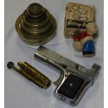 2 X CIGARETTE LIGHTERS, SET OF 6 BRASS WEIGHTS AND NOVELTY BOY