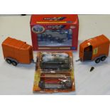 BRITAINS PLOUGH SET, 2 DINKY BUSES & 2 HORSE BOXES