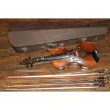 VIOLIN IN CASE WITH 4 BOWS