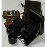 BROWNIE AUTOGRAPHIC 3A CAMERA CASE, FOCA 35MM CAMERA & USSR LENS