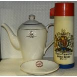 1977 SILVER JUBILEE THERMOS, 2002 GOLDEN JUBILEE COFFEE POT & BUDE WESLYAN CHAPEL SAUCER