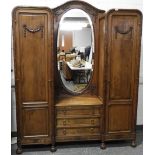 CARVED MAHOGANY DOUBLE WARDROBE WITH CENTRAL MIRROR & A CHEST OF DRAWERS