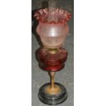 CRANBERRY GLASS OIL LAMP & SHADE