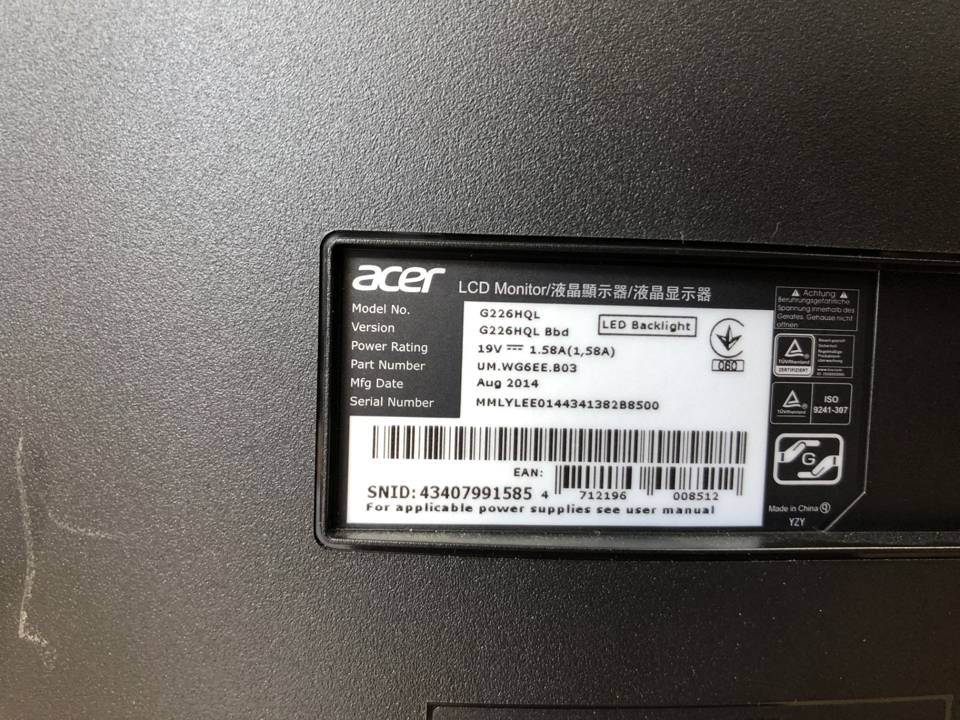 Acer LED Technology Backlight Monitor, Model No. G226HQL, Serial No. MMLYLEE0144341382B8500 (2014), - Image 3 of 3