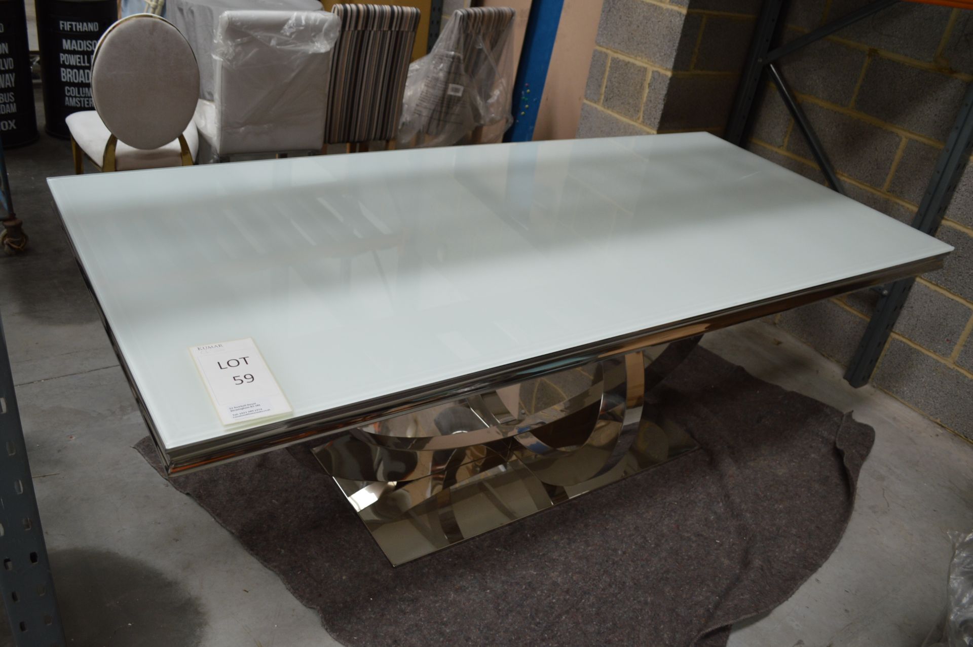 White Glass & Chrome Dining Table Size: 220L x 100W x 73H (Please Note: item located in Andover