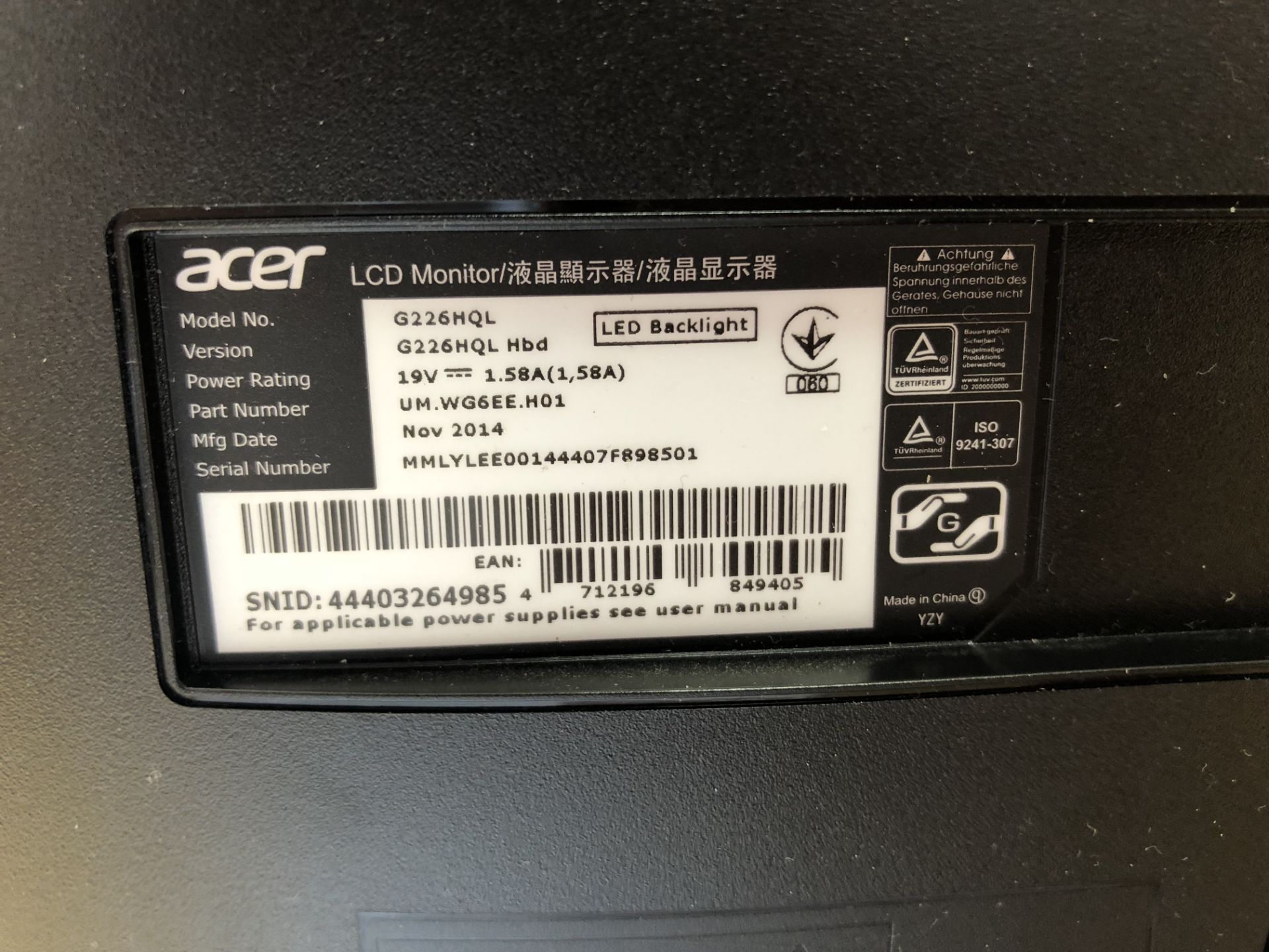 Acer Led Technology Backlight Monitor, Model No. G226HQL, Serial No. MMLYEE00144407F898501 (2014) - Bild 2 aus 4