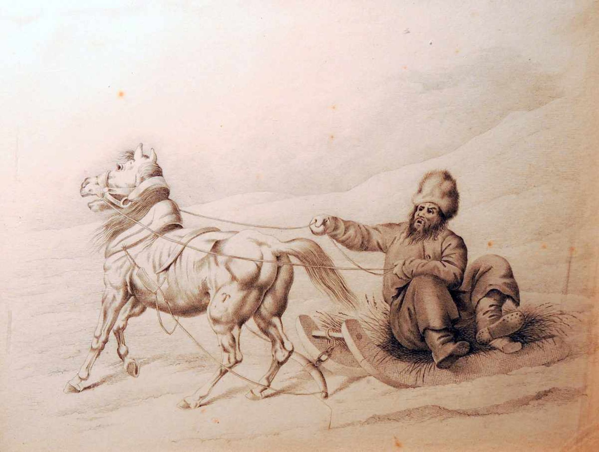 Ludwig Harzer, ca. 1810 - 1877 Dresden Von Pferden auf den Schlitten gezogen. Bleistiftzeichnung/