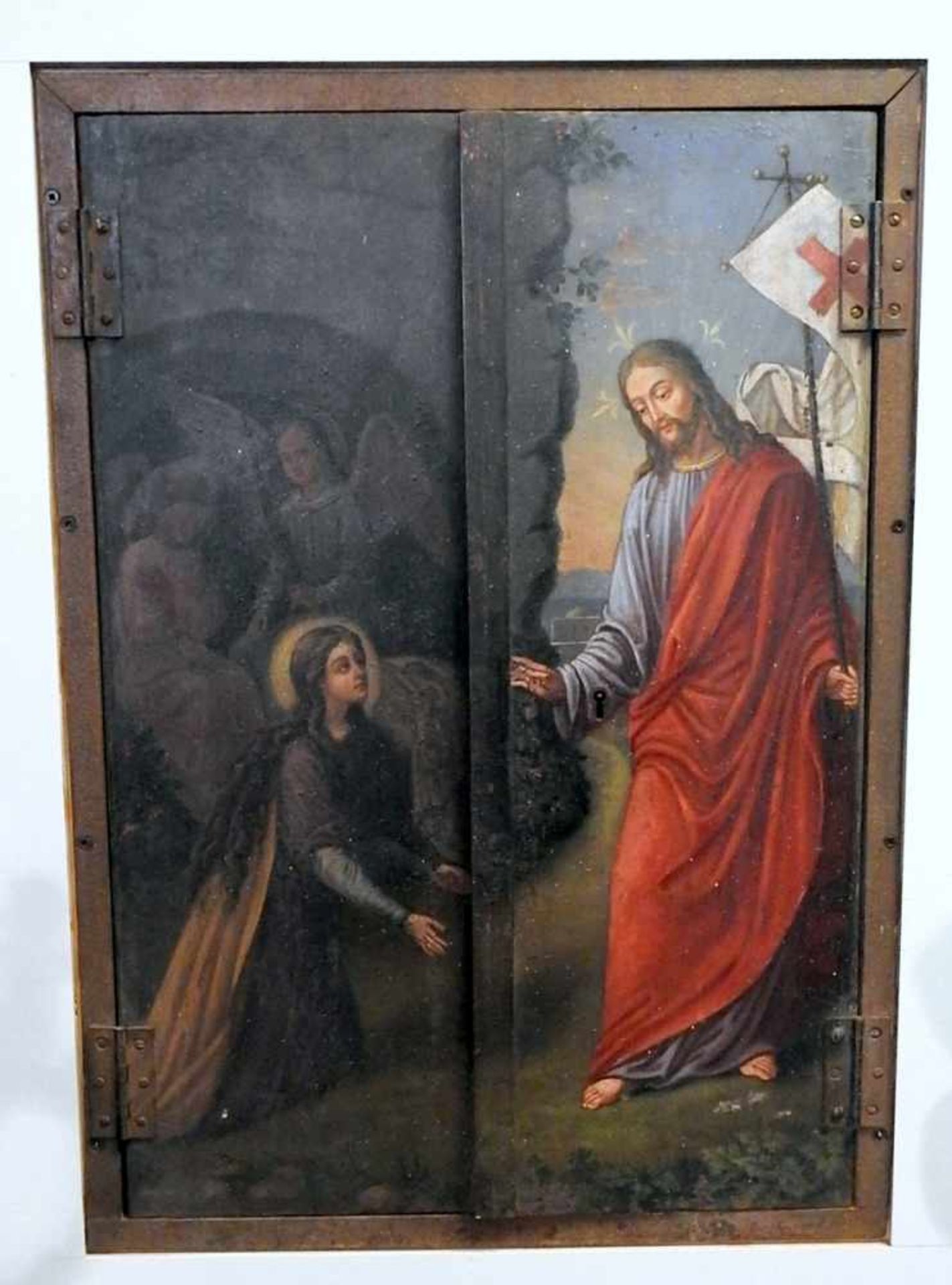 Seltenes Tabernakel Eisentür, beidseitig polychrom bemalt mit Darstellungen von Jesus und seine