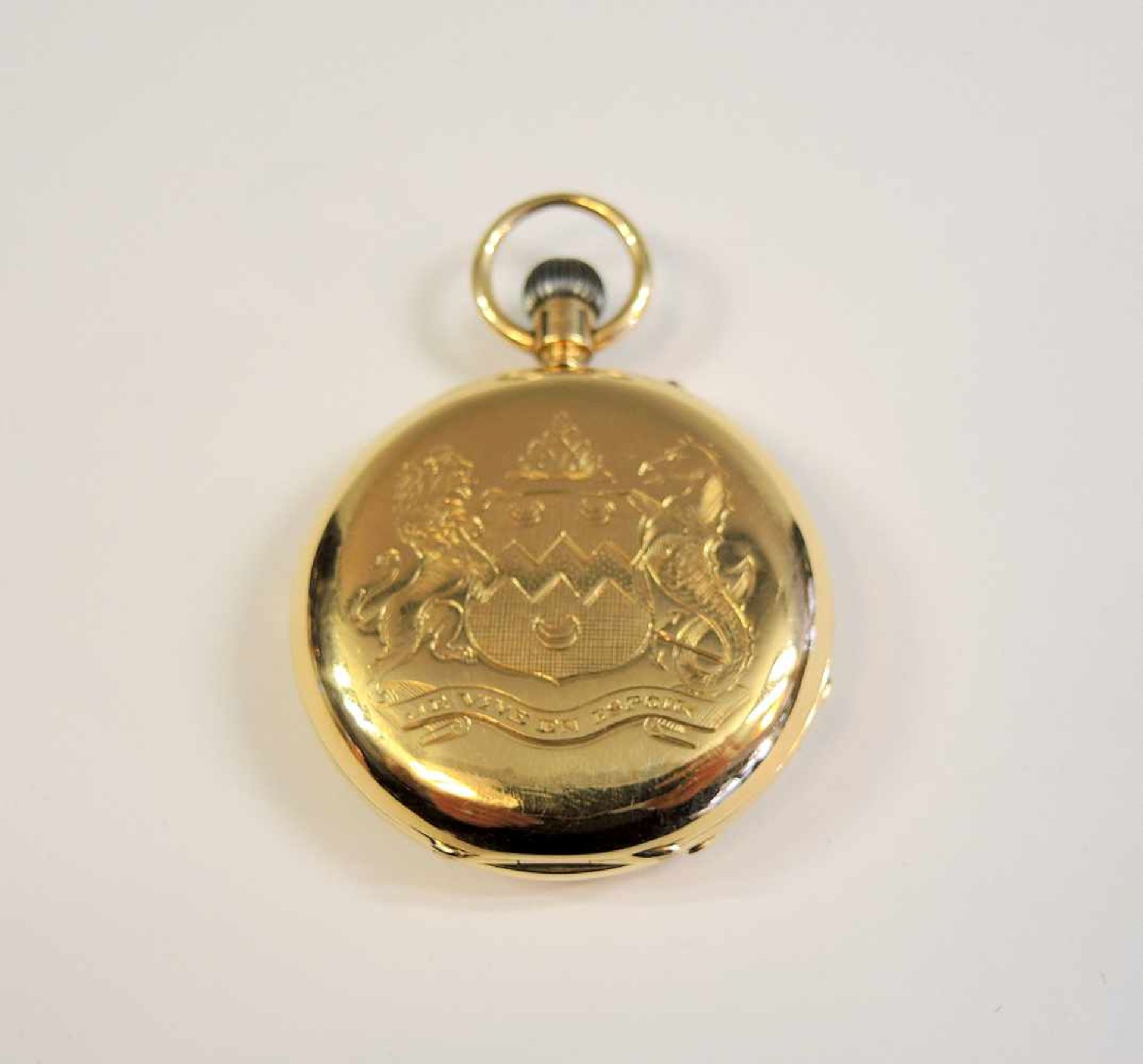 Savonette Taschenuhr 18 K. Gold, Firma Benson - London. Frontdeckel mit feiner Wappengravur. Voll - Bild 2 aus 3