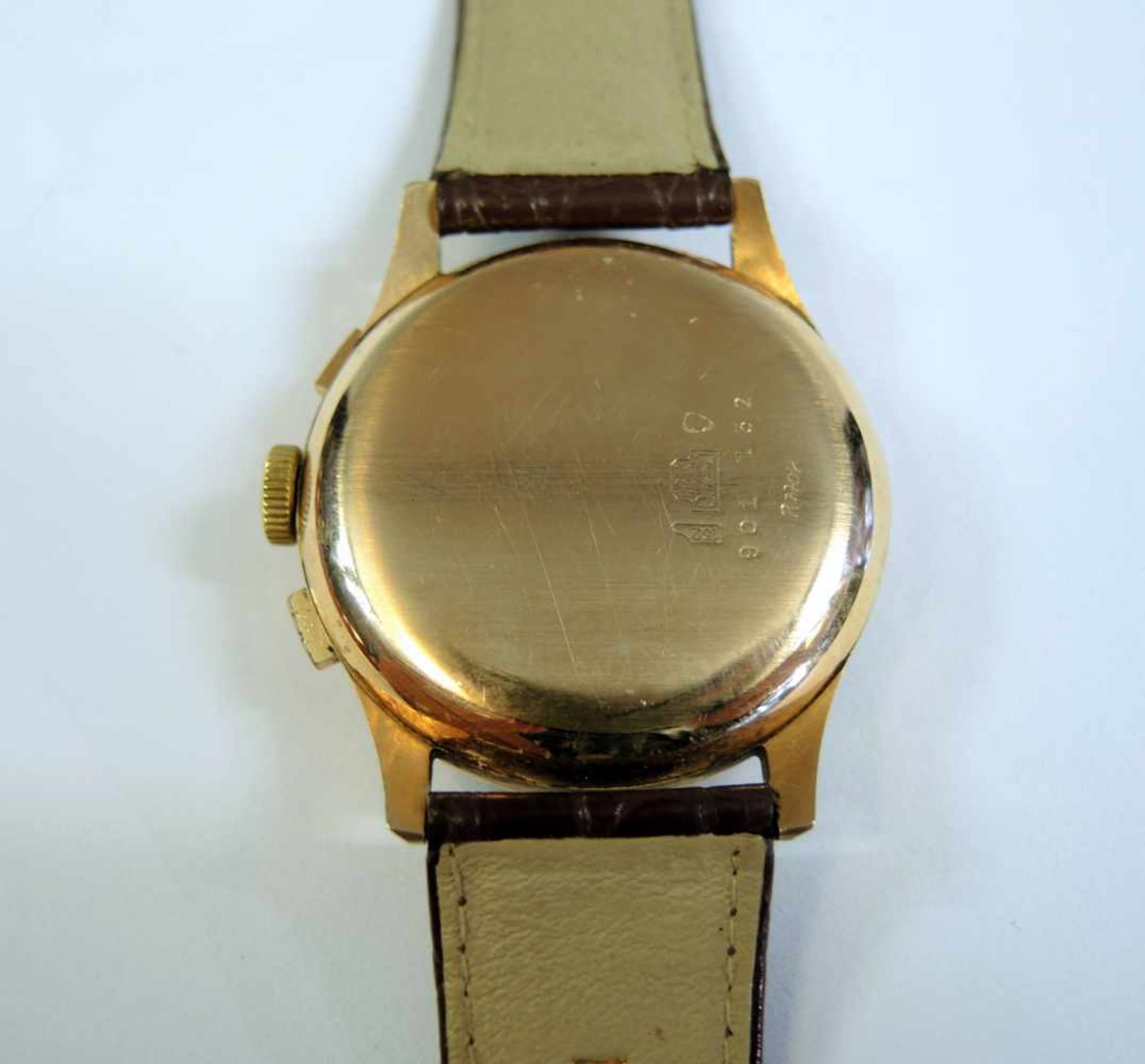 Olympic, Chronograph 18 K. Gold, Handaufzug, voll gangbar. In sehr guter Erhaltung. Ø ca. 3,6 cm - Bild 2 aus 2