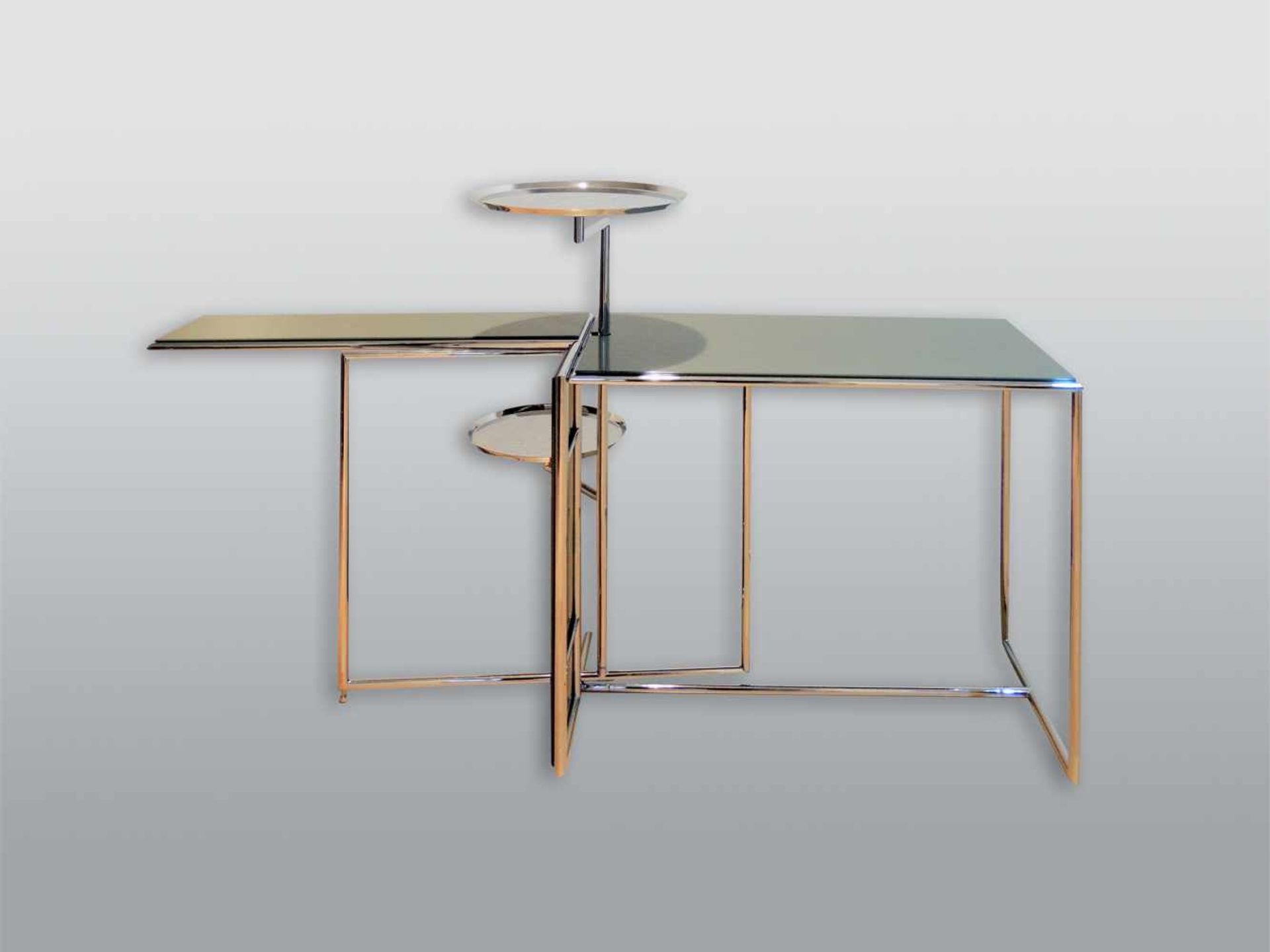 ClassiCon, Rivoli Beistelltisch Gestell und Tablett aus verchromten Stahl, Tischplatten aus