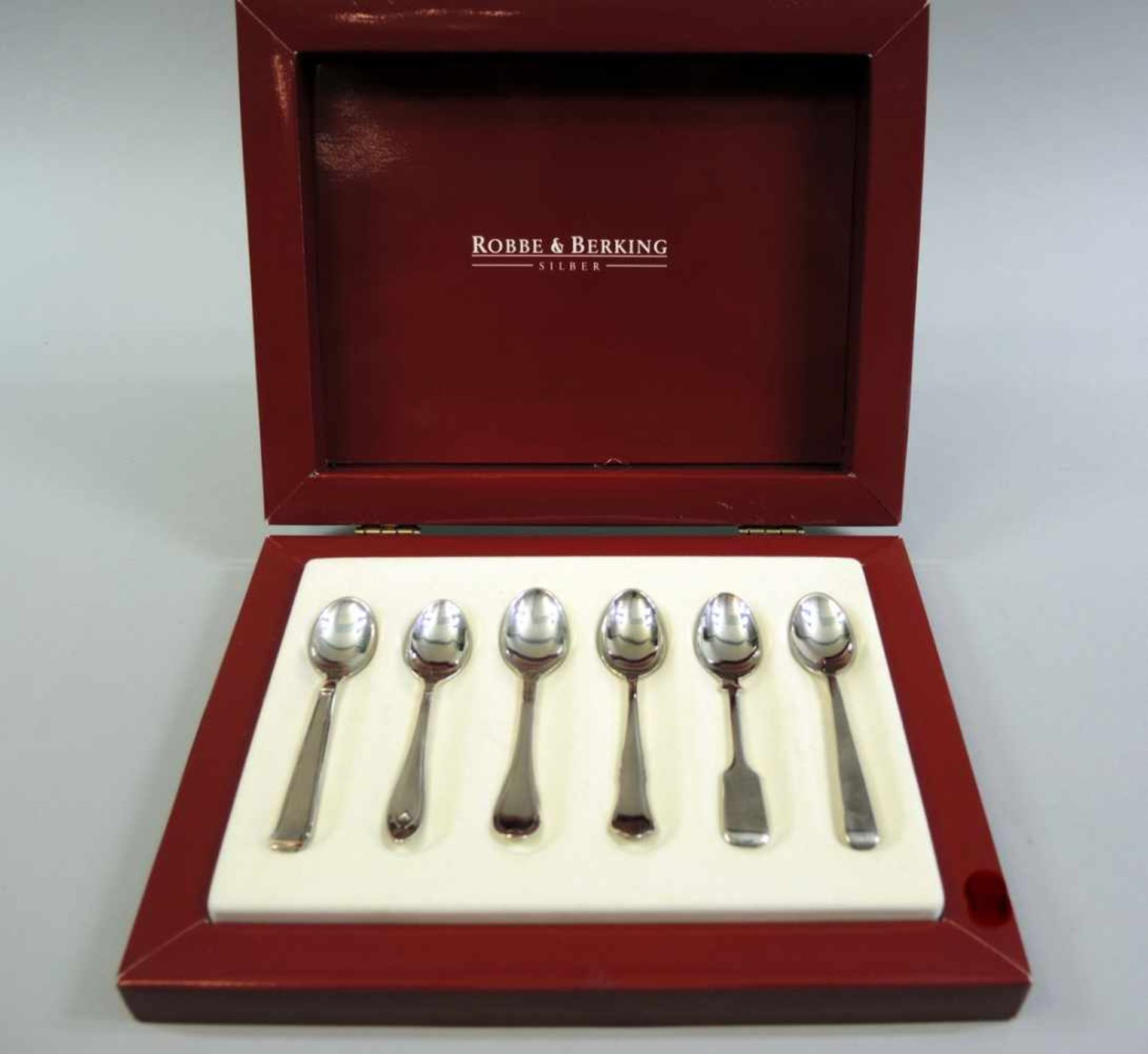 Robbe & Berking, 6 Mokkalöffel Sterling Silber, Halbmond und Krone und Herstellermarke Robbe &