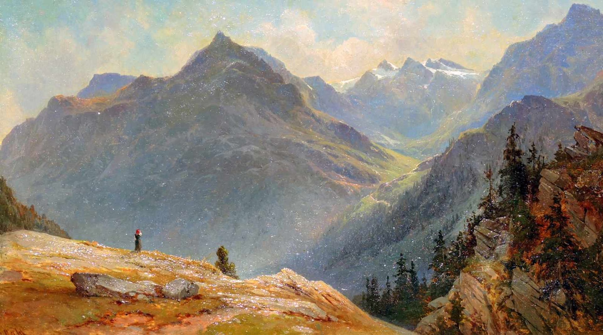Hans Dahl, 1849 Granvin - 1937 Balestrand Öl/Leinwand. Berglandschaft in Norwegen. Gerahmt, links