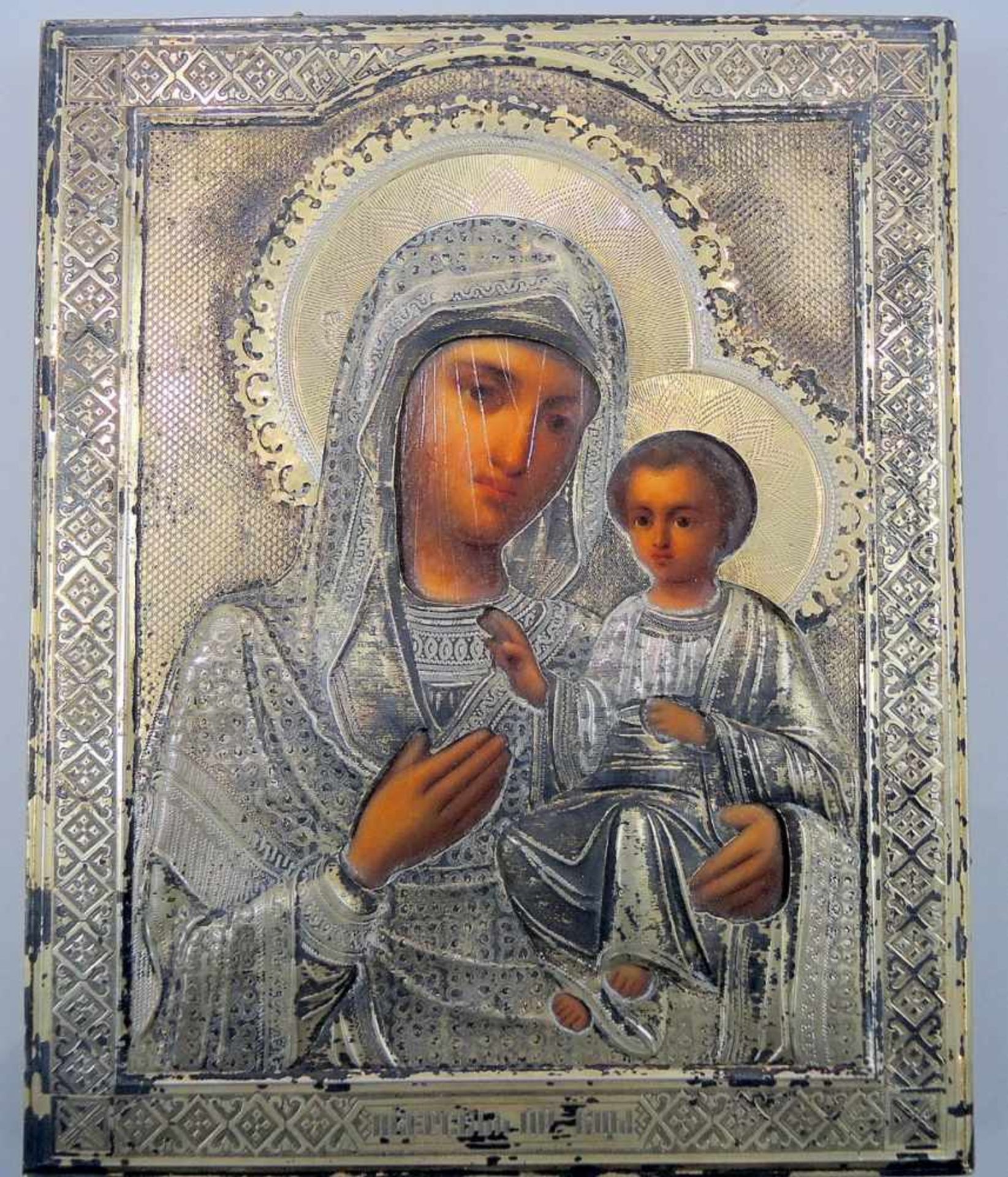 Russische Ikone Madonna mit Kind Messing. Oklad-Ikone, Iwerskaja. Auf Holz handbemalt, mit