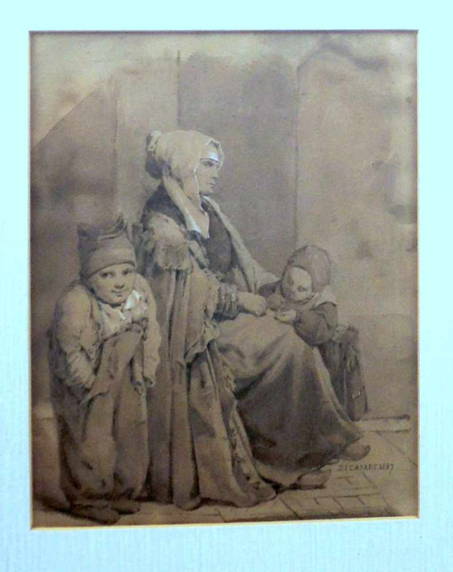 Alexandre-Gabriel Decamps, 1803 Paris - 1860 ebenda Sepia-Aquarell/Papier. Mutter mit Kindern.