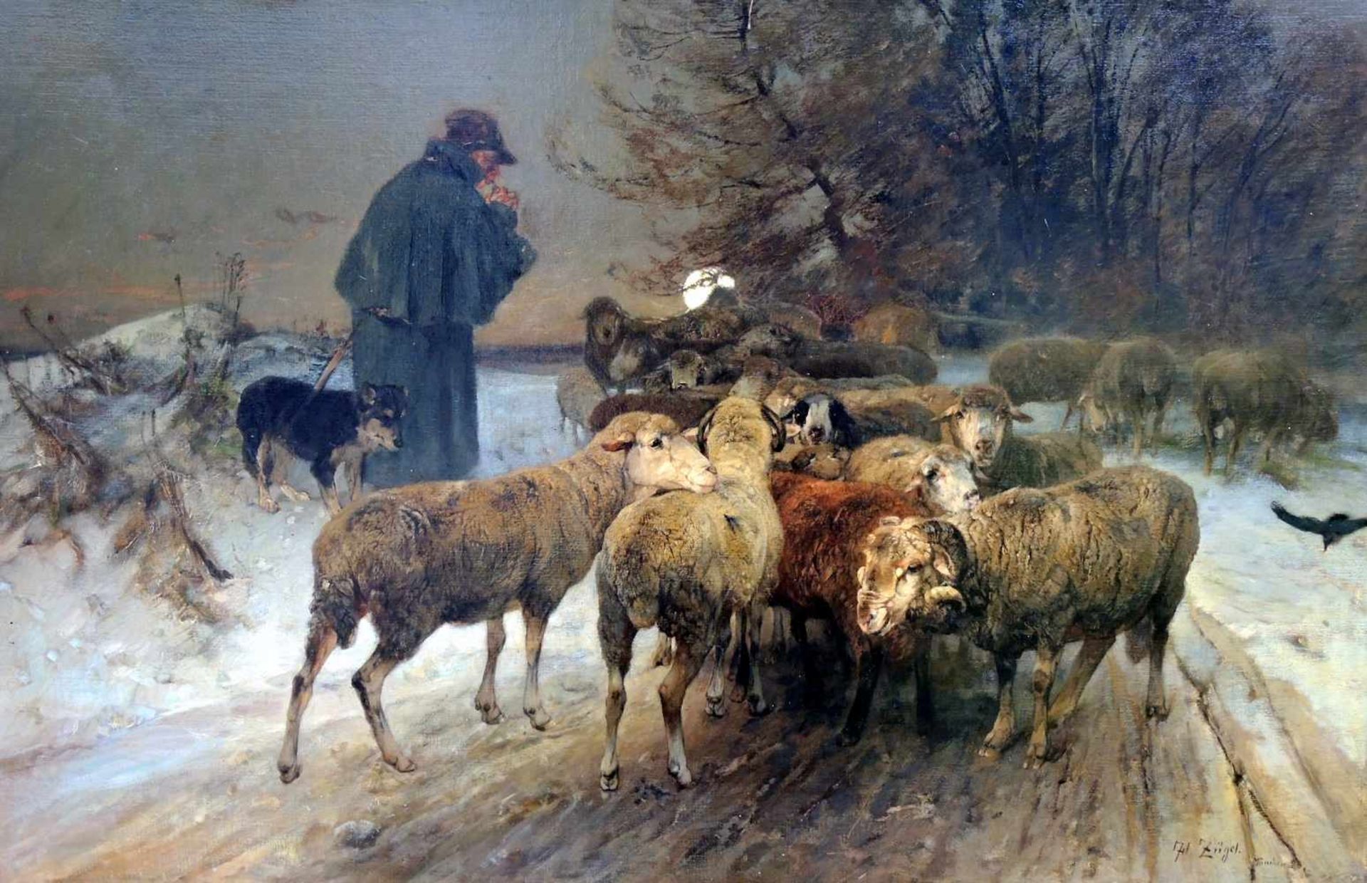 Heinrich Johann von Zügel, 1850 Murrhardt - 1941 München Öl/Leinwand. Hirte mit seiner Herde im