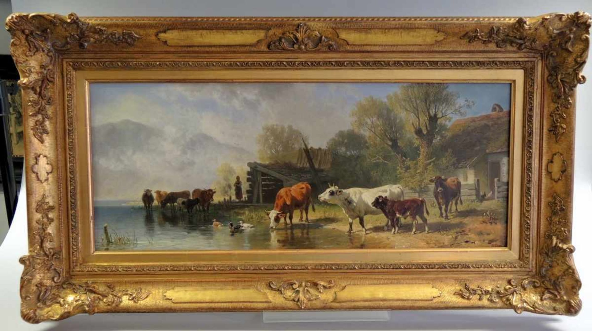 Friedrich Voltz, 1817 Nördlingen - 1886 München Öl/Holz. Rinder am See. Bevor sich der deutsche - Image 2 of 3