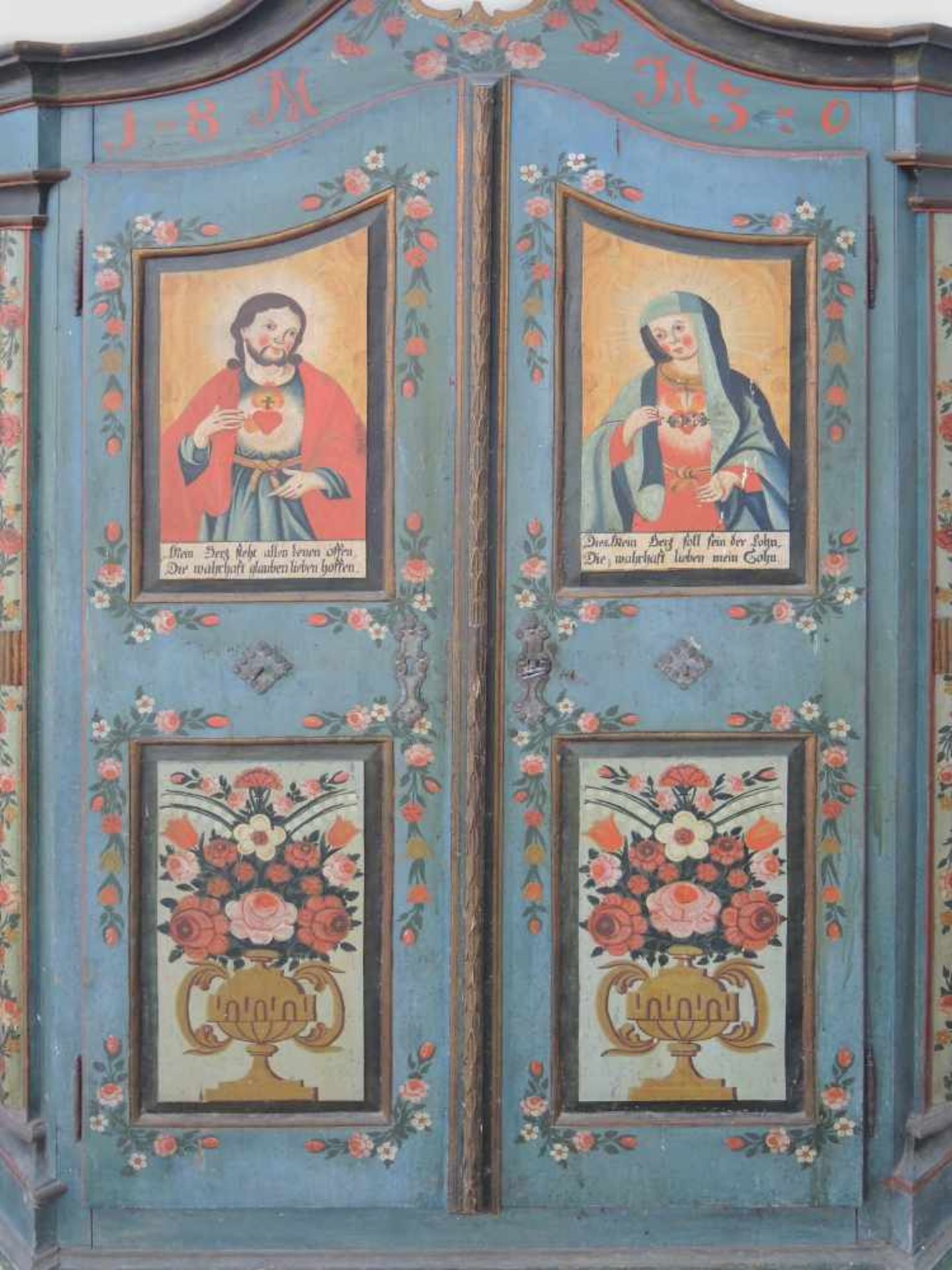 Paar seltene Schneckenschränke Mit originaler Bemalung, als Motive Herz-Marien und -Jesu. Inntal, um - Bild 3 aus 5
