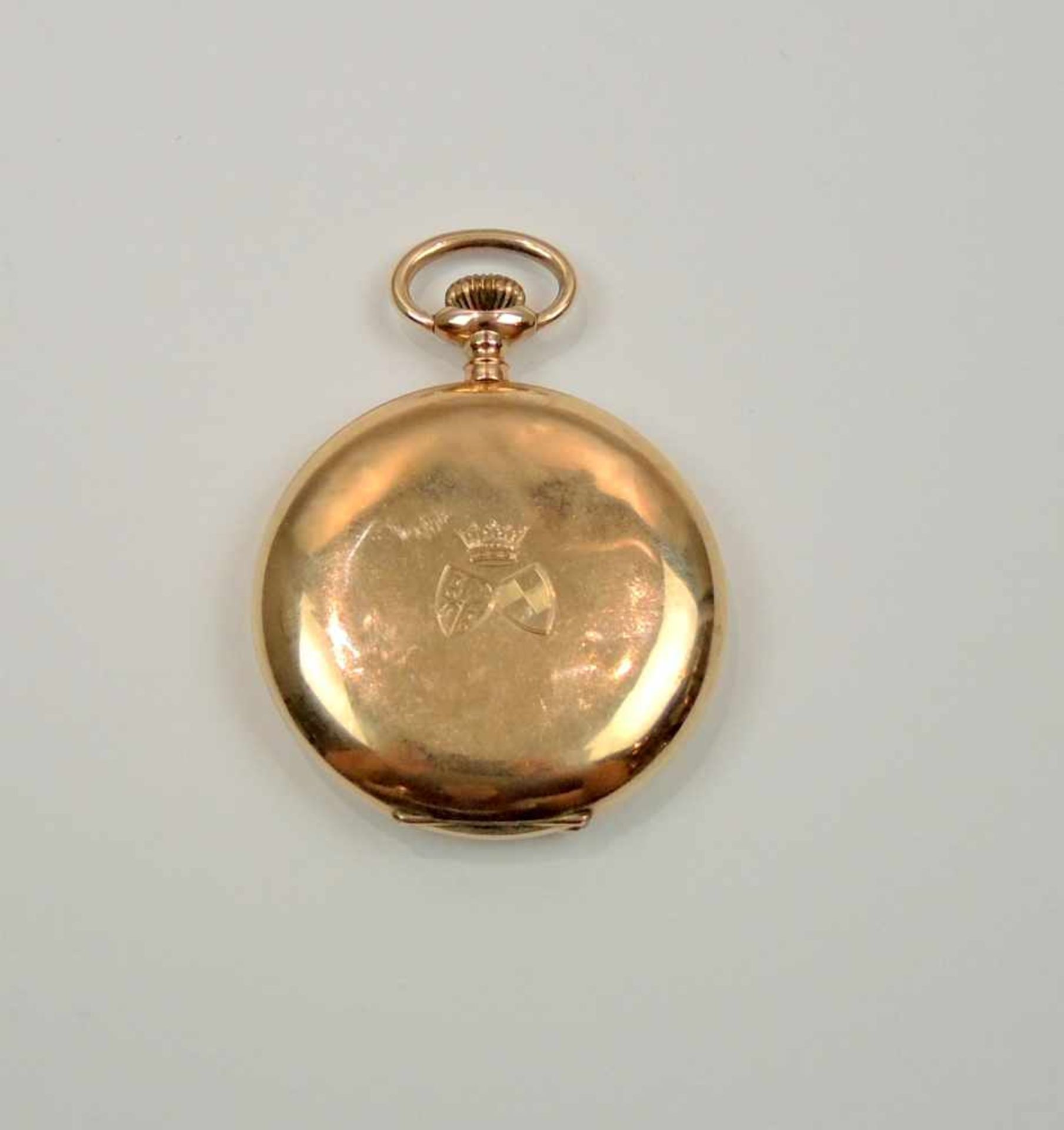 Goldene Savonette Taschenuhr 14 K. Gold. Am Deckel mit 2 Allianzwappen und Krone verziert. Gute - Image 2 of 2