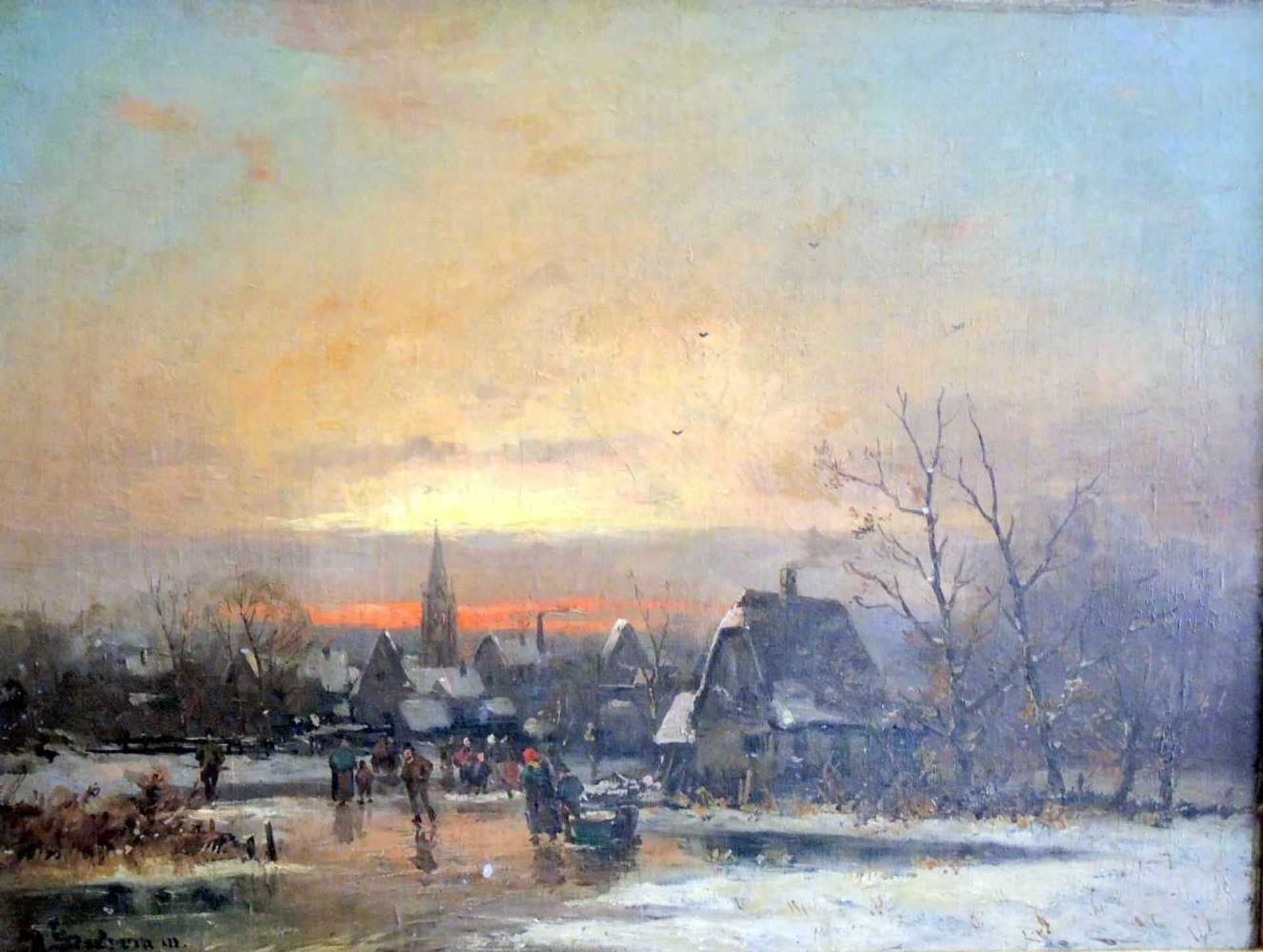 Adolf Stademann, 1824 München - 1895 ebenda Öl/Leinwand. Winterlandschaft bei Sonnenuntergang. Für