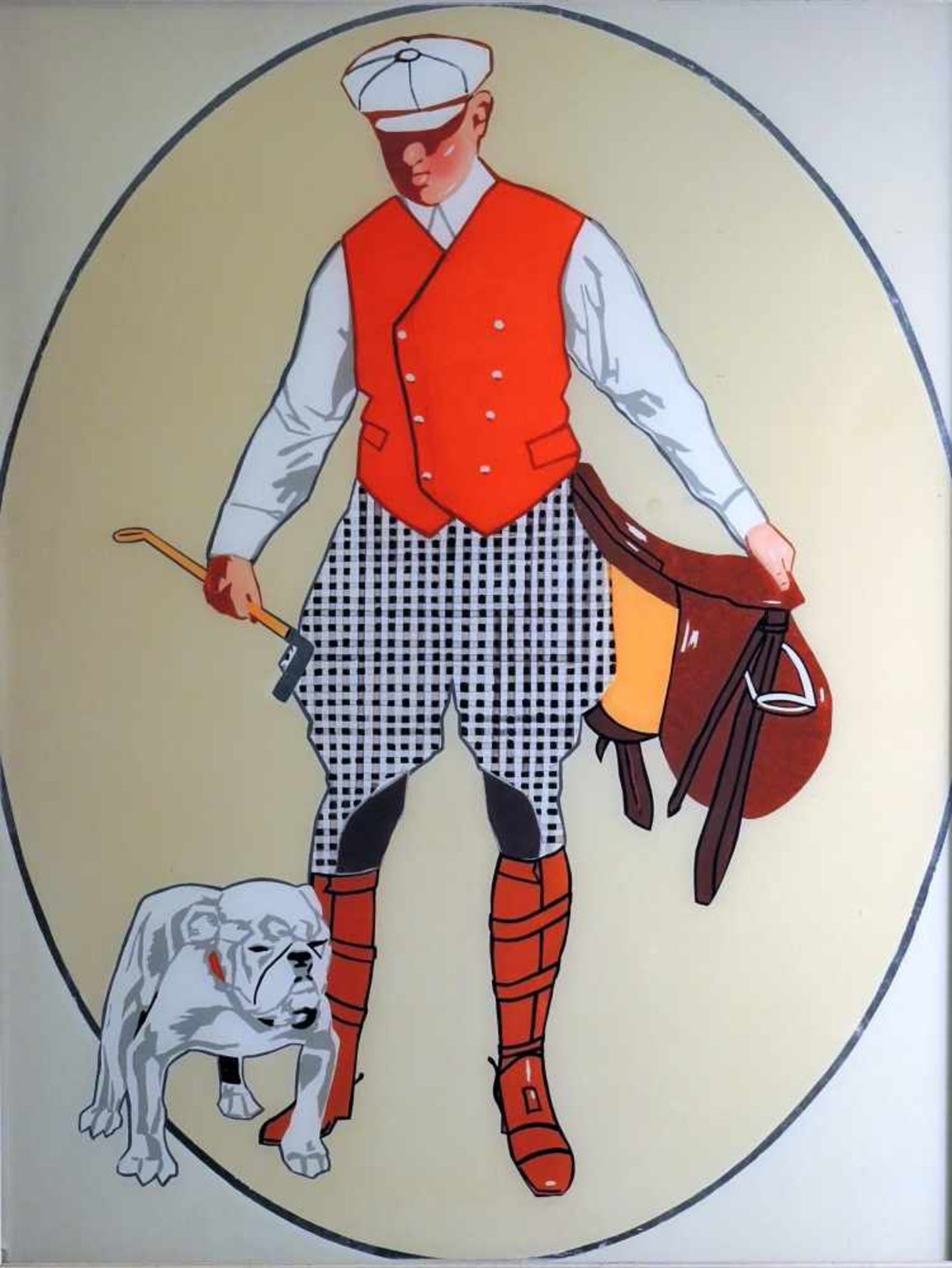 Jockey mit Hund nach Ludwig Hohlwein Acryl hinter Glas. Mit Schablonen erzeugtes (Werbe-) Motiv