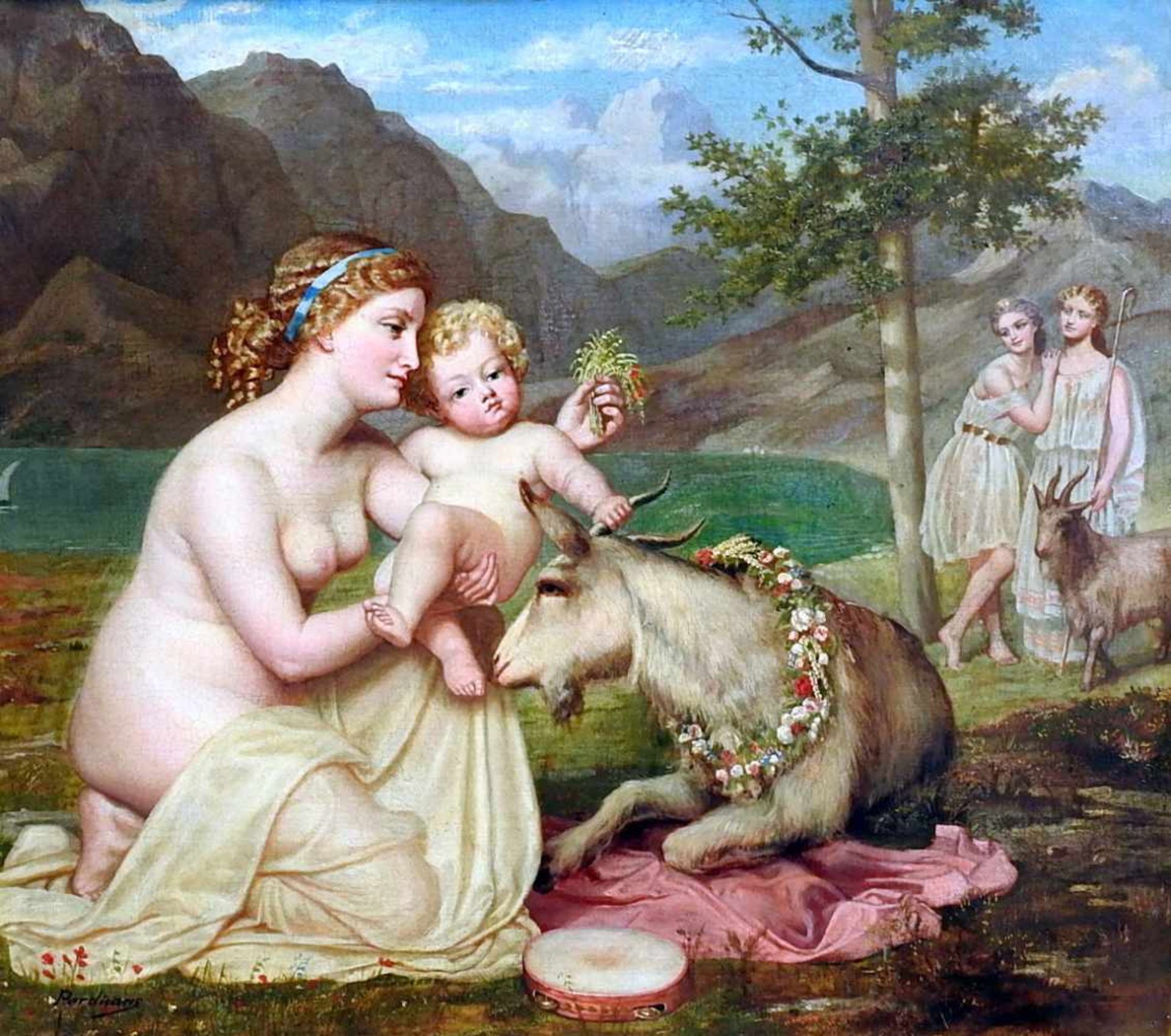 Ion Perdicaris, 1840 - 1925 Chislehurst Öl/Leinwand. Amalthea und das Baby Jupiter mit Ziegenbock.