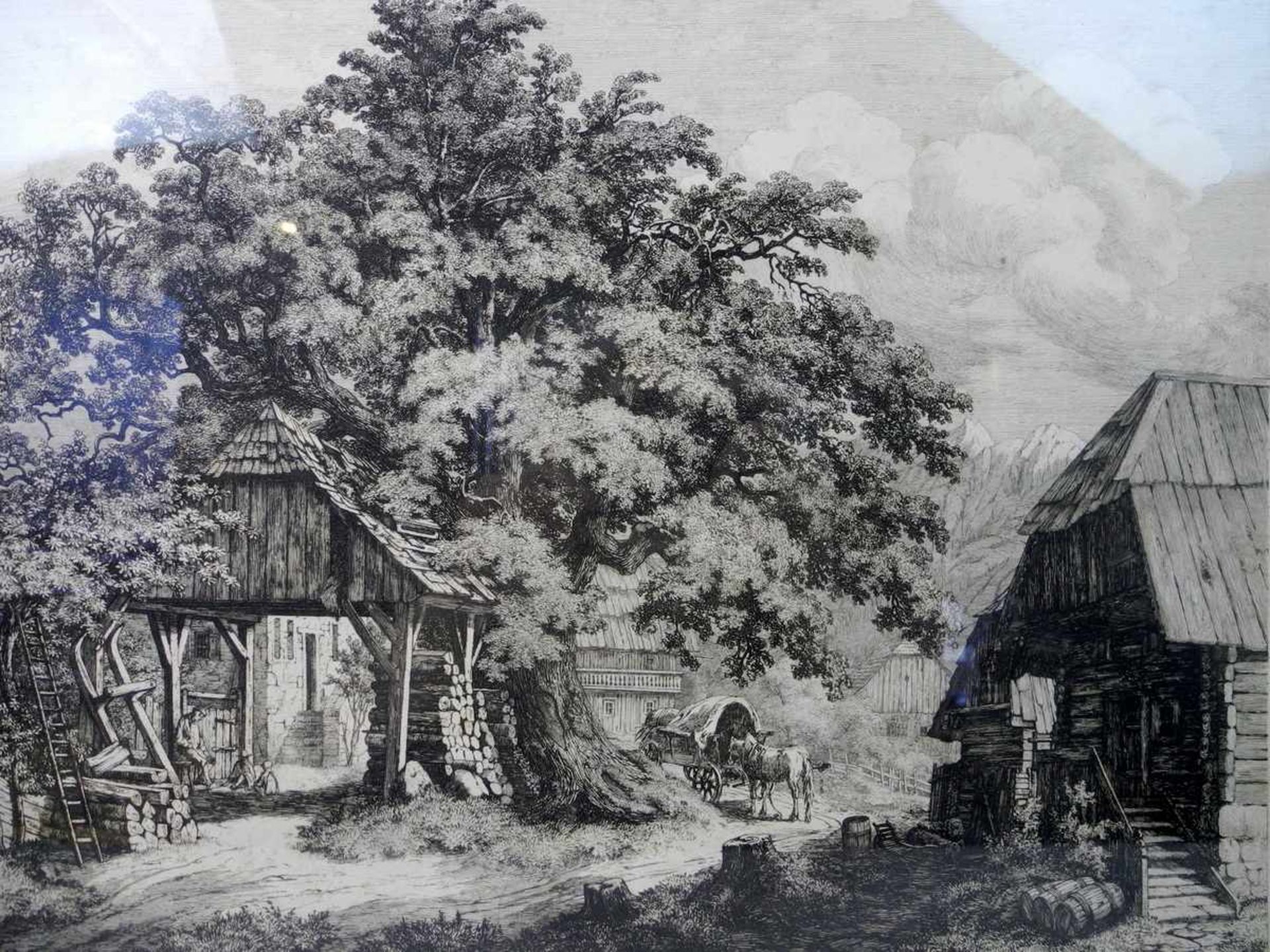 Conrad Grefe, 1823 Wien - 1907 Tulbing Radierung/Papier. Darstellung eines Bauernhofes in den