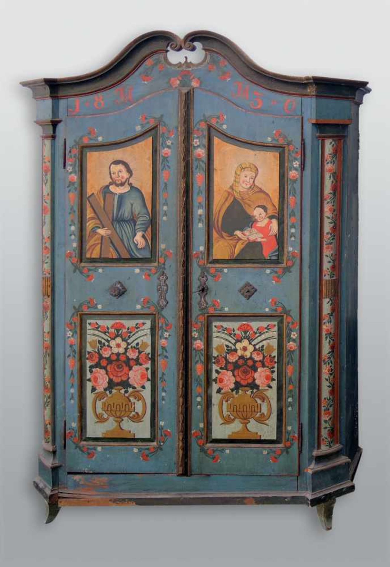 Paar seltene Schneckenschränke Mit originaler Bemalung, als Motive Herz-Marien und -Jesu. Inntal, um - Bild 2 aus 5