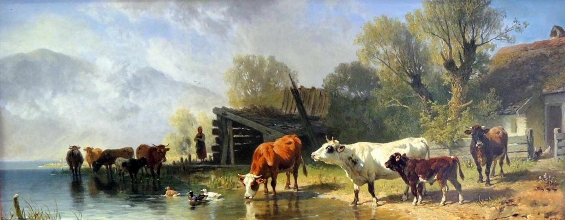 Friedrich Voltz, 1817 Nördlingen - 1886 München Öl/Holz. Rinder am See. Bevor sich der deutsche